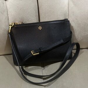Tory Burch Black Pebbled Leather Double Zip Crossbody with Gold Logo